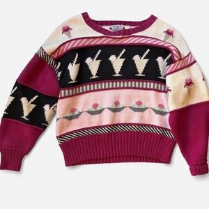 Vtg‎ 80s Sweater Ice Cream Pink Multicolored Blueberry Woolens 100% Cotton S M